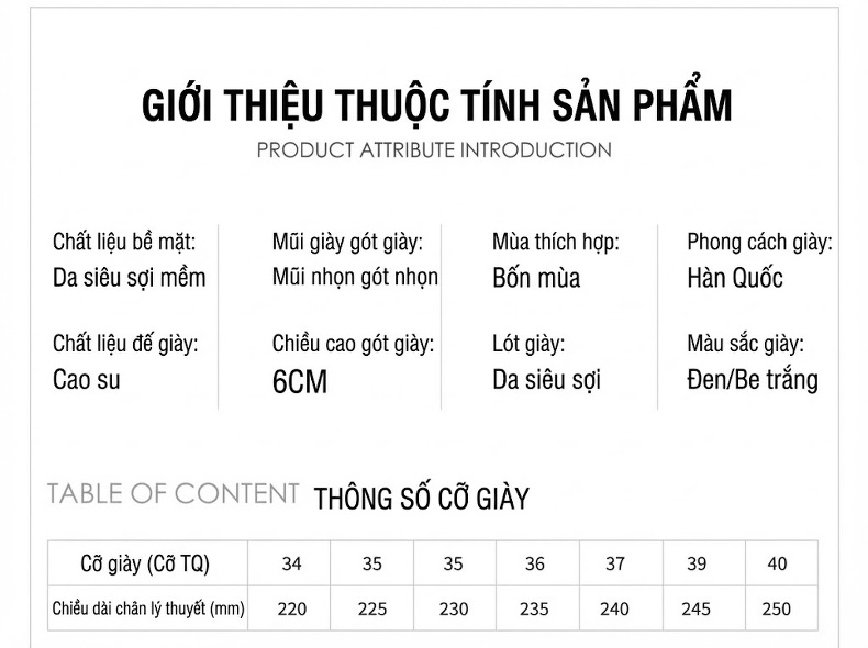 Giày Cao Gót Nữ Mũi Nhọn Chiều Cao Đế Khoảng 6cm Kiểu Pháp Màu Đen, Trắng chi tiết 1