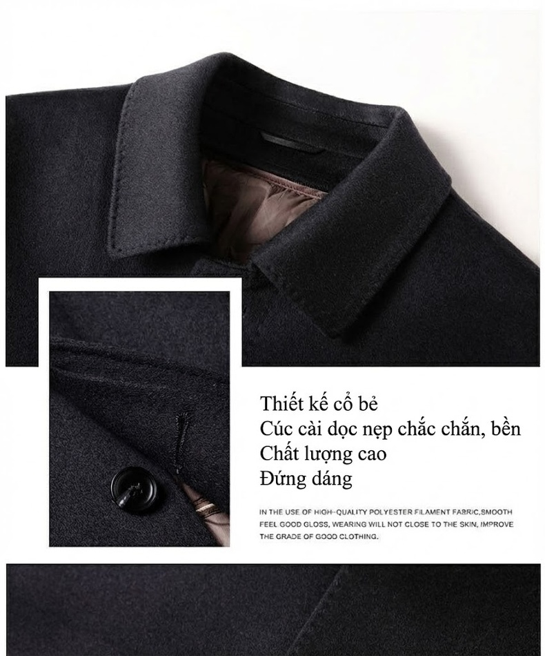 Áo Khoác Lông Cừu Nam Dáng Dài Cổ Bẻ Lót Lông Vũ Cao Cấp Màu Đen chi tiết 5