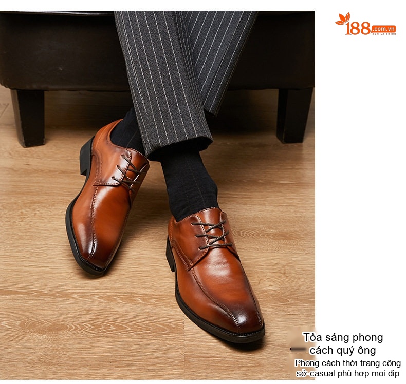 Giày Tây Buộc Dây Nam Da Bóng Mũi Nhọn Chiều Cao Đế Khoảng 3cm Màu Đen, Nâu chi tiết 15