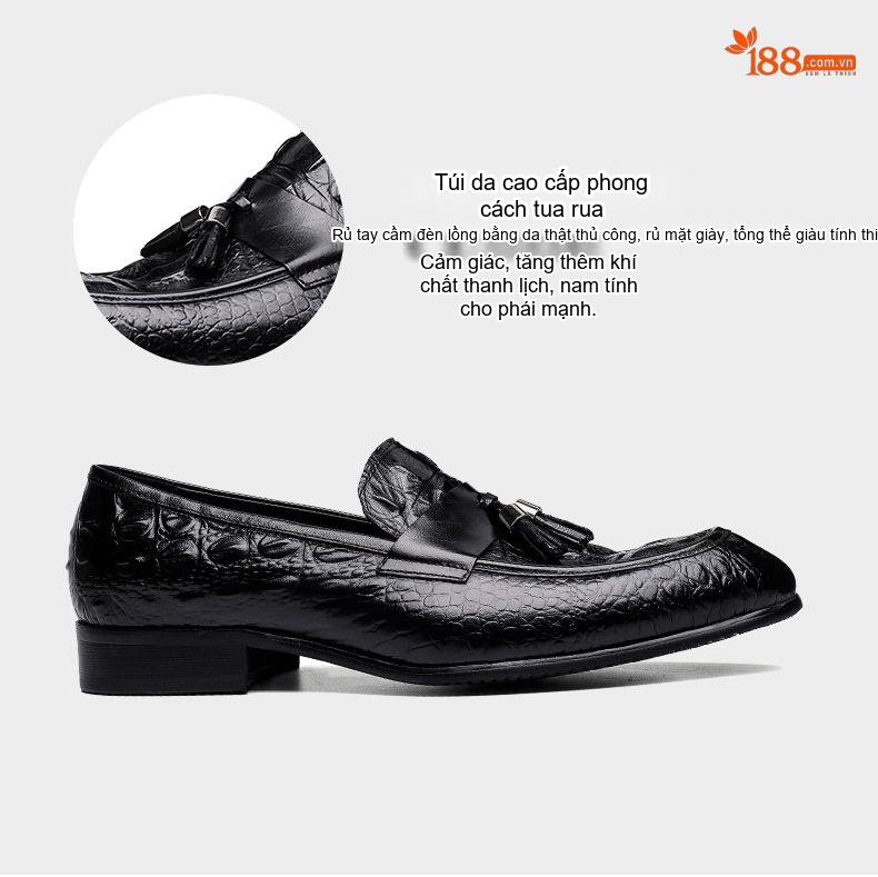 Giày Lười Nam Da Bò Vân Cá Sấu Chiều Cao Đế Khoảng 3cm Màu Đen, Đỏ chi tiết 10