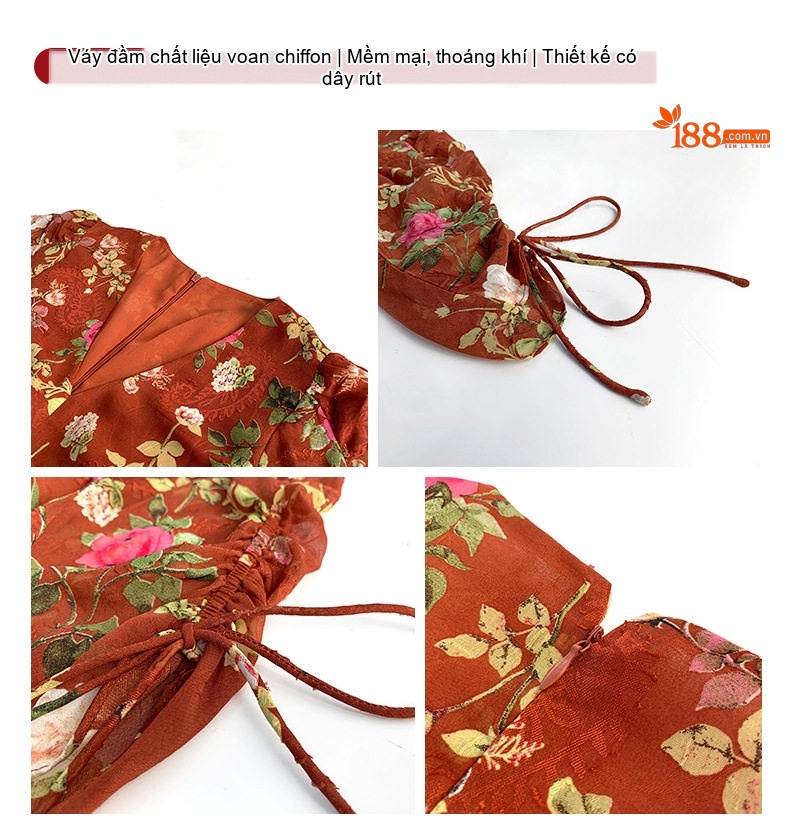 Váy Tea Dress Nữ Họa Tiết Hoa Cổ Điển Thắt Dây Eo Nhún Bèo Màu Nâu Đỏ chi tiết 3
