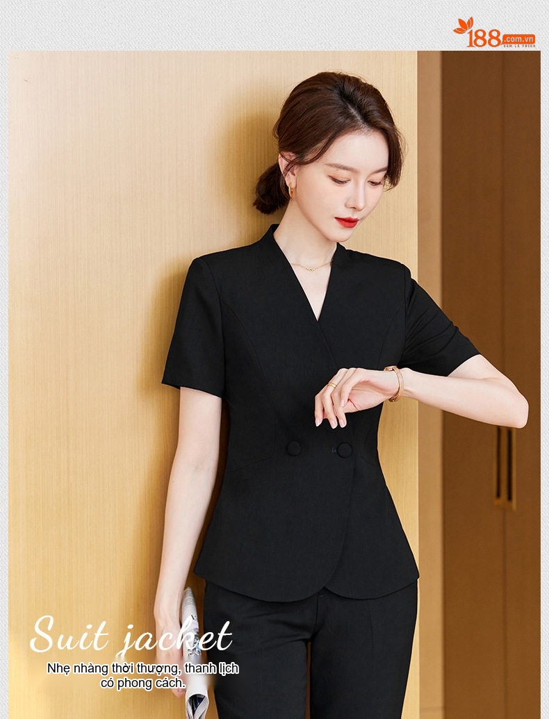 Bộ Vest Công Sở Nữ Tay Ngắn Cổ chữ V Màu Xanh Lam, Đen chi tiết 9