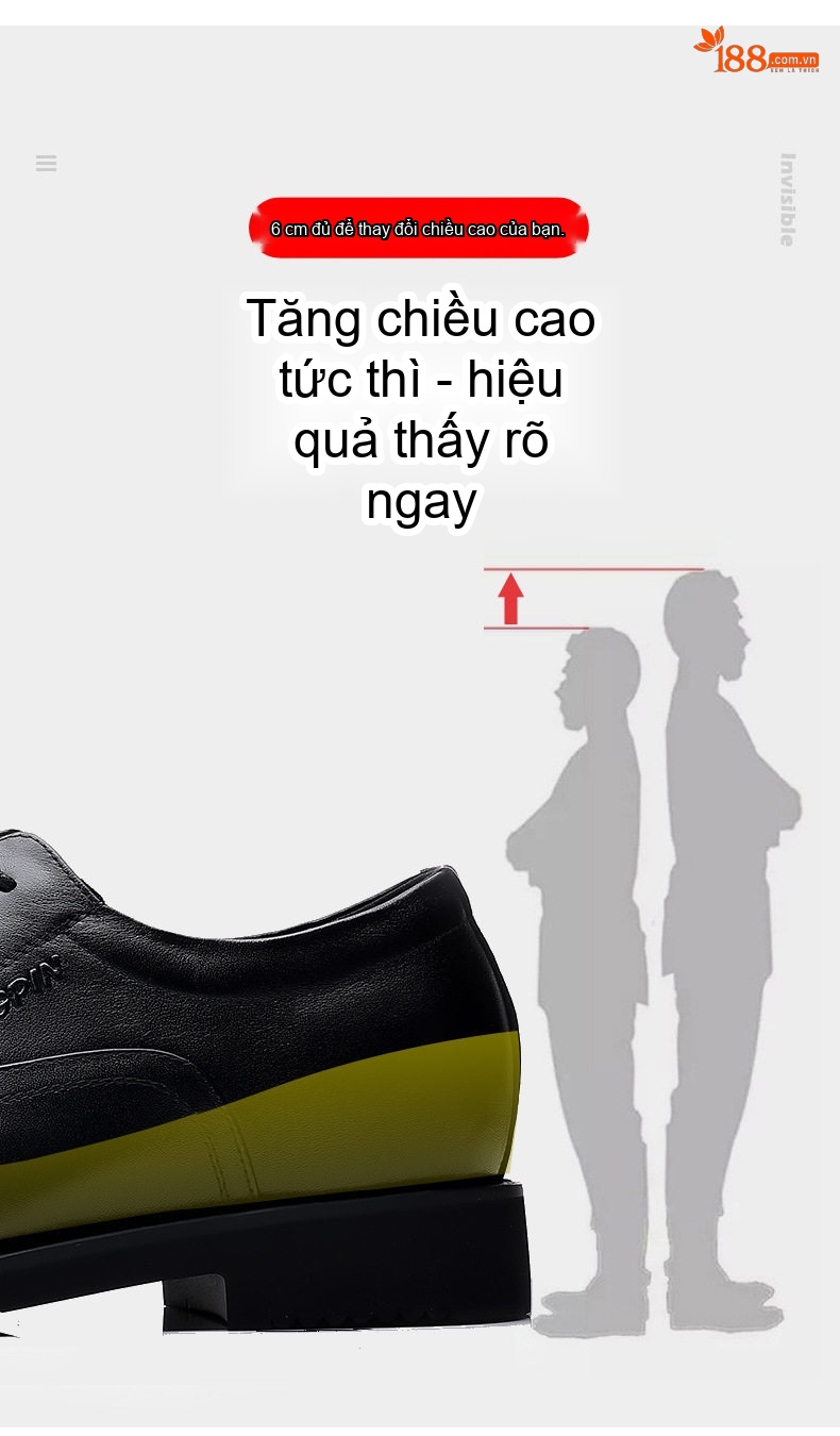Giày Tây Buộc Dây Nam Da Thật Tăng Chiều Cao 6cm Phong Cách Công Sở Màu Đen chi tiết 7