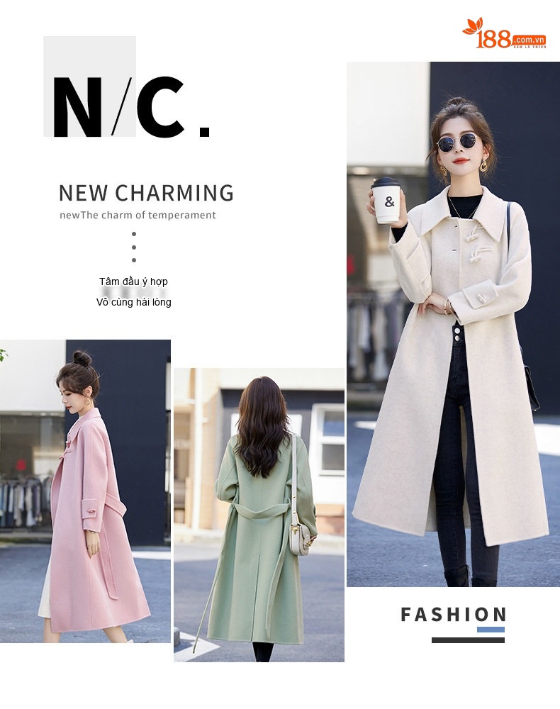 Áo Khoác Dạ Nữ Dáng Dài Vừa Thu Đông 2023 Phong Cách Hepburn Thắt Eo Khuy Cài Màu Be, Xanh, Hồng, Nâu chi tiết 4