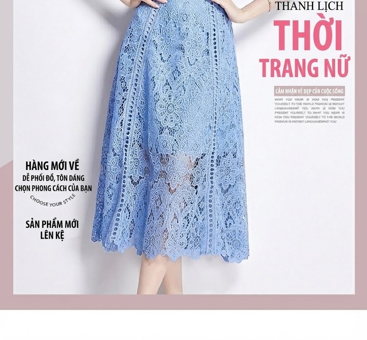 Váy liền thân Nữ Ren Tay Bèo Cổ Tròn Dáng Dài Thanh Lịch Màu Xanh Lam chi tiết 2