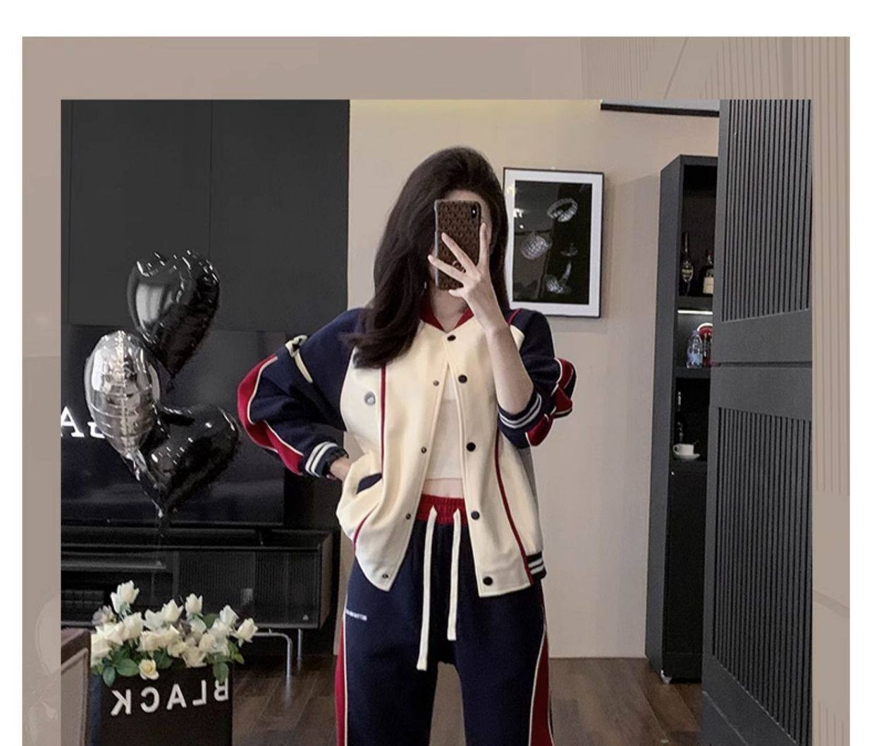 Bộ Quần Áo Thể Thao Nữ Áo Khoác Bomber Quần Ống Rộng Phong Cách Thu Đông Màu Kem, Xanh Navy, Đỏ chi tiết 1