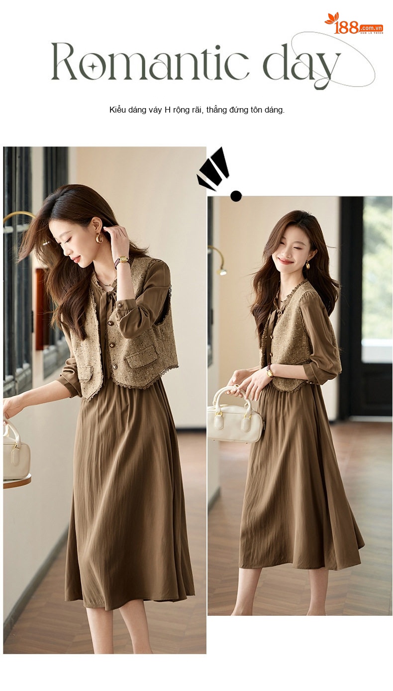 Set Váy Sơ Mi Dài Tay Nữ Kèm Áo Gile Phong Cách Pháp Cổ Điển Màu Nâu chi tiết 4