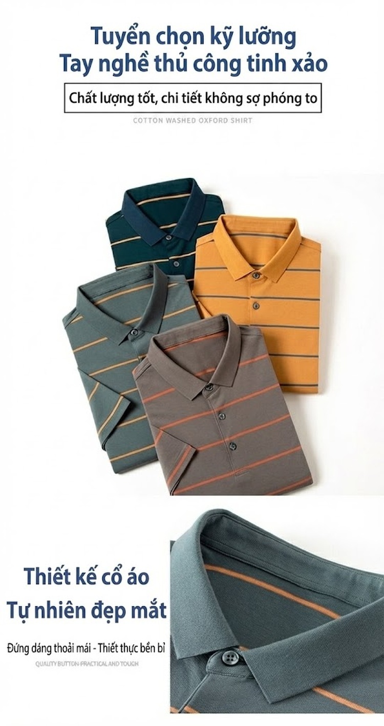 Áo Thun Polo Nam Cotton Kẻ Sọc Cổ Bẻ Chống Nhăn Màu Xám, Xanh, Navy chi tiết 3