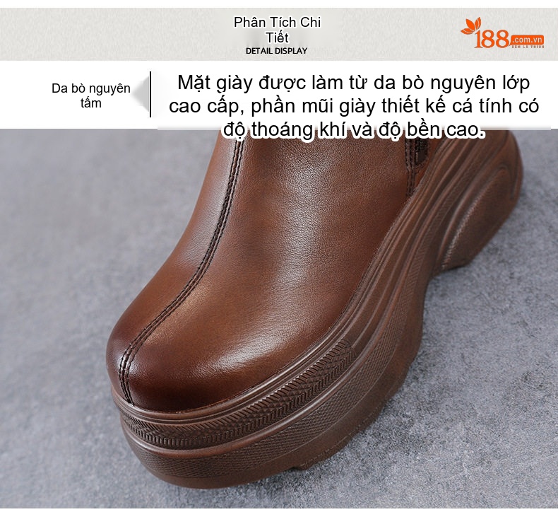 Boot Martin Nữ Da Bò Đế Dày Hai Khóa Kéo Phong Cách Anh Chiều Cao Đế Khoảng 5cm Màu Đen, Nâu chi tiết 4