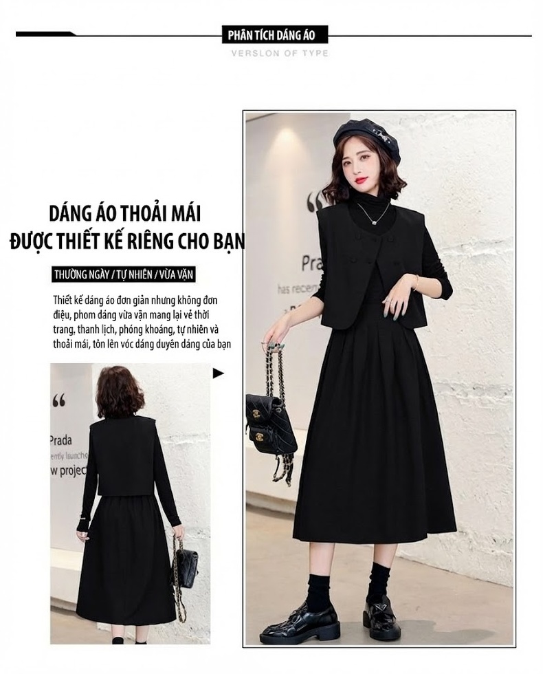 Váy Bộ Nữ Thu Đông Áo Gilet Khoác Lửng và Đầm Liền Thân Dài Tay Chất liệu Dệt Kim Màu Đen, Nâu chi tiết 11