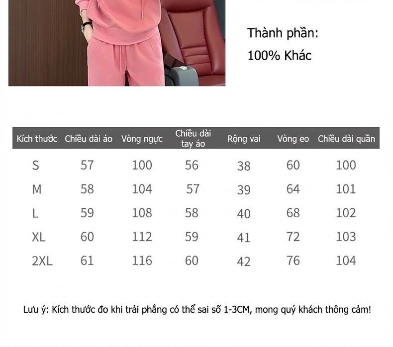 Bộ Quần Áo Nữ Thu Đông Dáng Rộng Áo Hoodie Tay Dài Quần Ống Rộng Màu Hồng chi tiết 2