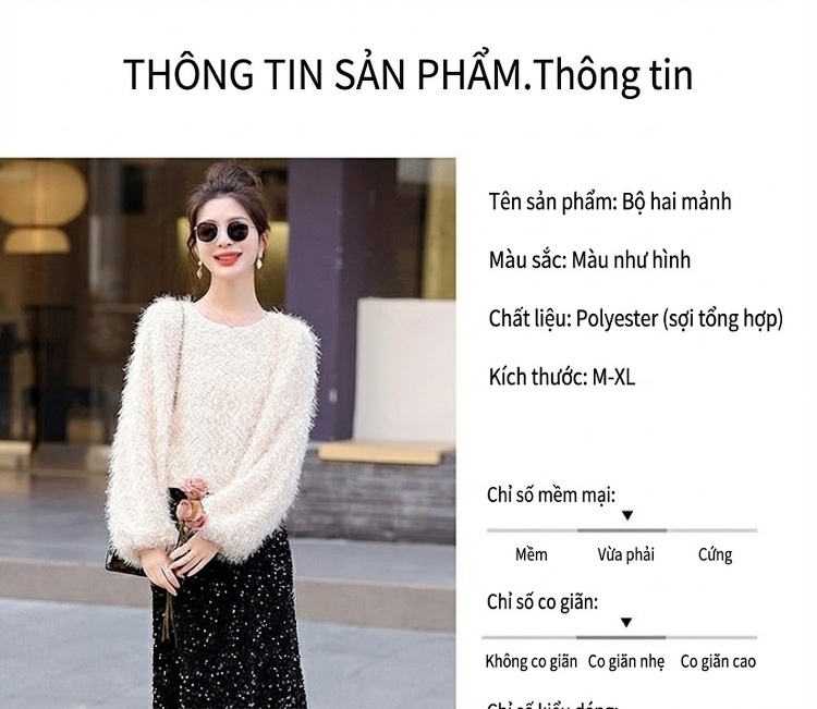 Set Áo Lông Dài Tay và Chân Váy Midi Lấp Lánh Phong Cách Tiểu Thư Màu Trắng, Đen chi tiết 10