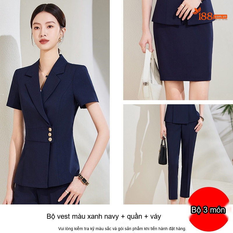 Bộ Vest Công Sở Nữ Tay Ngắn Màu Xanh Navy, Xám, Kem