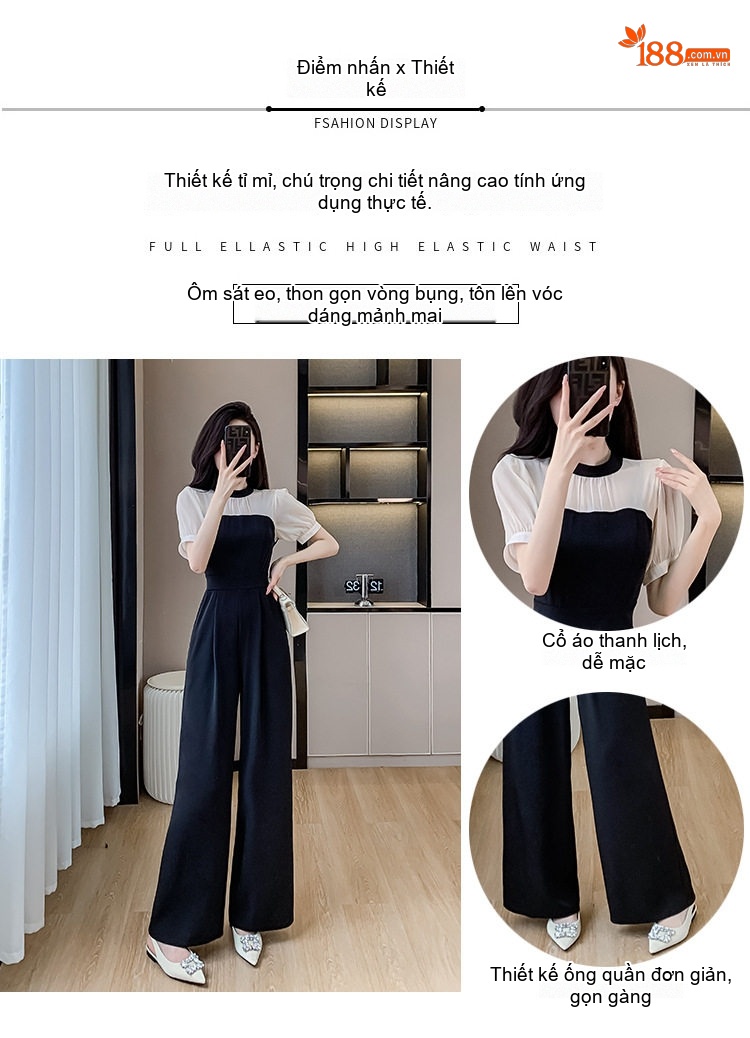 Jumpsuit Nữ Lưng Cao Ống Rộng Thiết Kế Thanh Lịch Màu Đen chi tiết 3