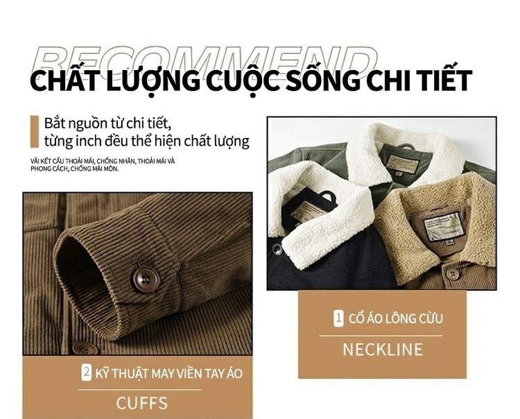 Áo Khoác Bông Nam Dáng Rộng Cổ Bẻ Lót Lông Cừu Non Vải Cotton Gân Màu Đen, Xanh Rêu, Nâu chi tiết 7