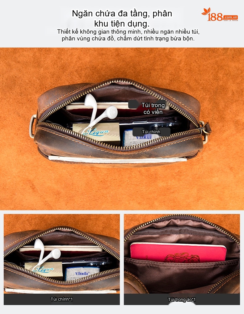 Túi Đeo Chéo Nam Da Thật MaraLete, Túi Đựng Ipad, Clutch Cầm Tay Da Thật Màu Nâu chi tiết 6