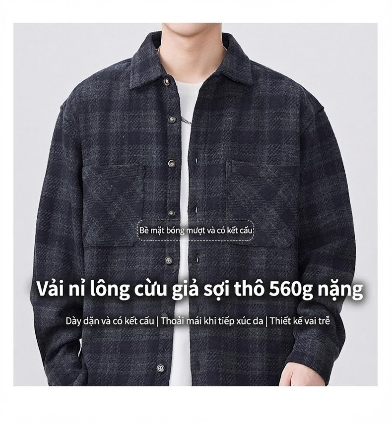 Áo Sơ Mi Nam Dáng Rộng Kẻ Caro Mài Lông Phong Cách Retro Nhật Bản Màu Nâu, Xám chi tiết 5