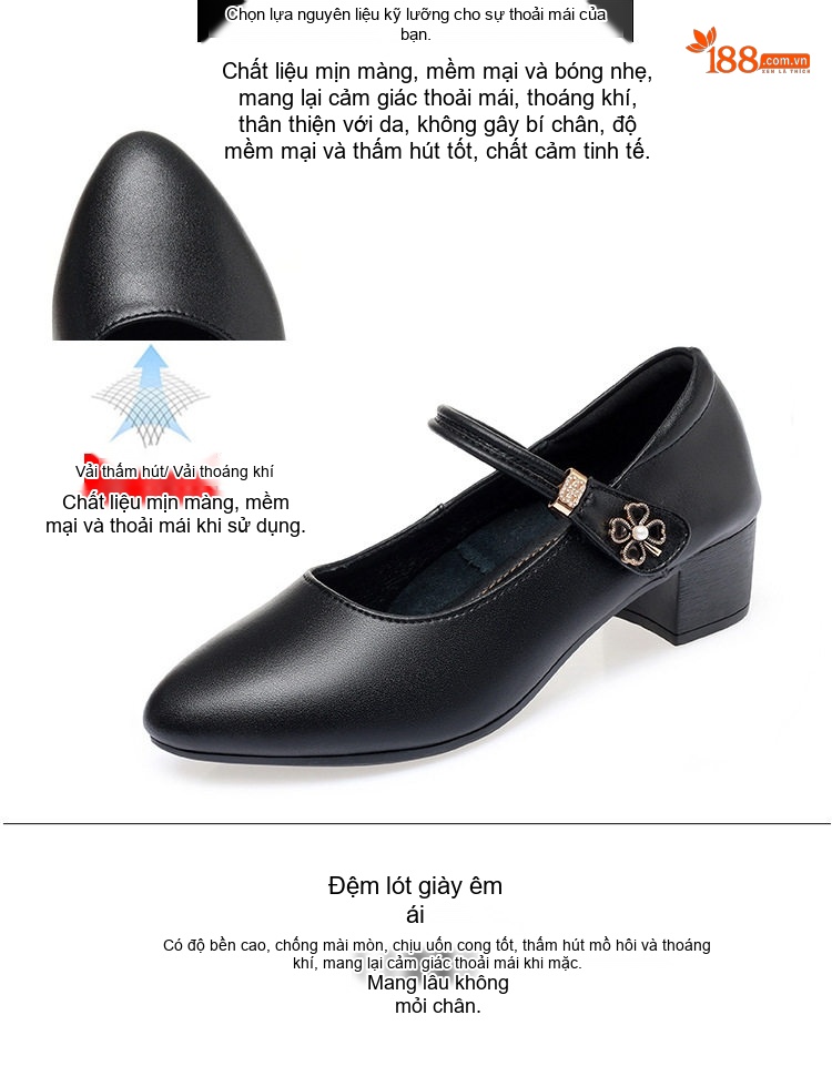 Giày Búp Bê Nữ Da Thật Quai Ngang Chiều Cao Đế Khoảng 4cm Màu Đen, Kem, Đỏ chi tiết 6