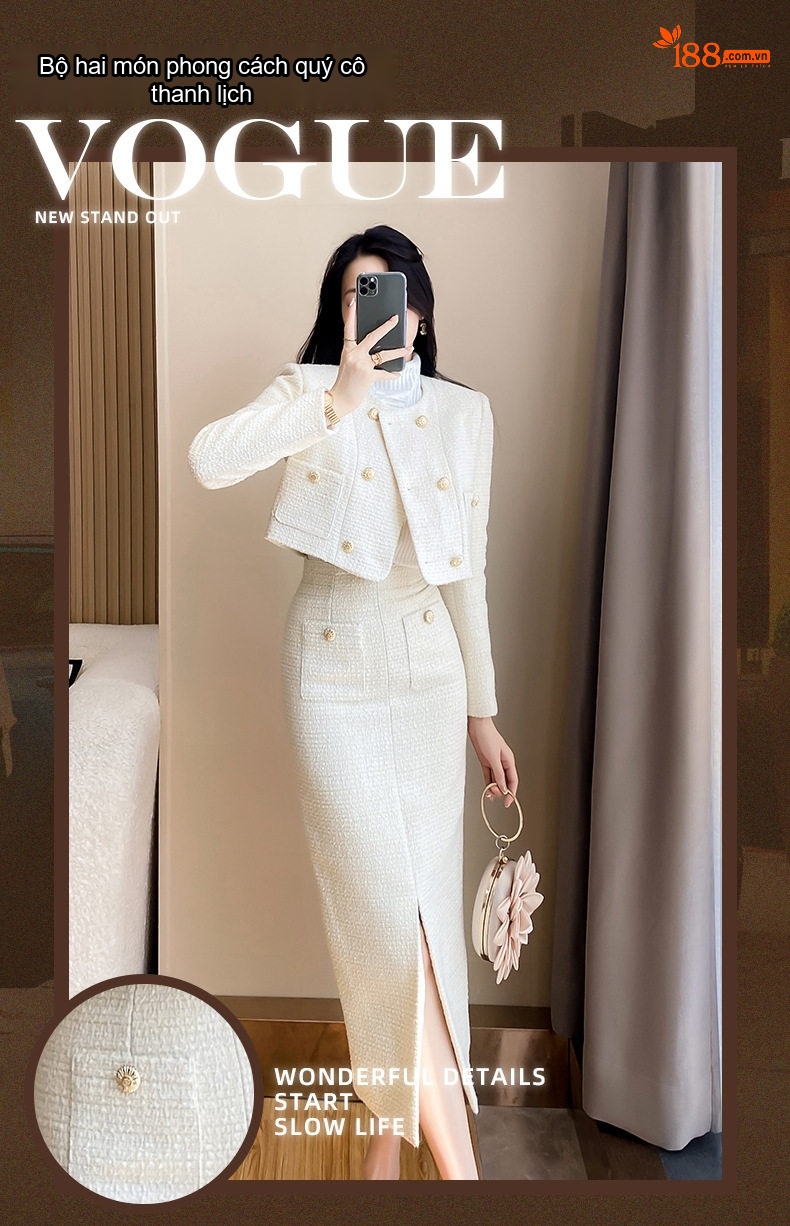 Bộ Set Áo Khoác Lửng và Chân Váy Nữ Vải Tweed Phong Cách Tiểu Thư Thanh Lịch Màu Trắng Kem chi tiết 1