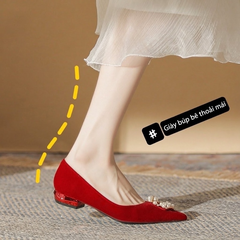 Giày Búp Bê Nữ Gót Vuông Chiều Cao Đế Khoảng 3cm Đính Đá, Ngọc Trai Màu Trắng Kem, Đỏ