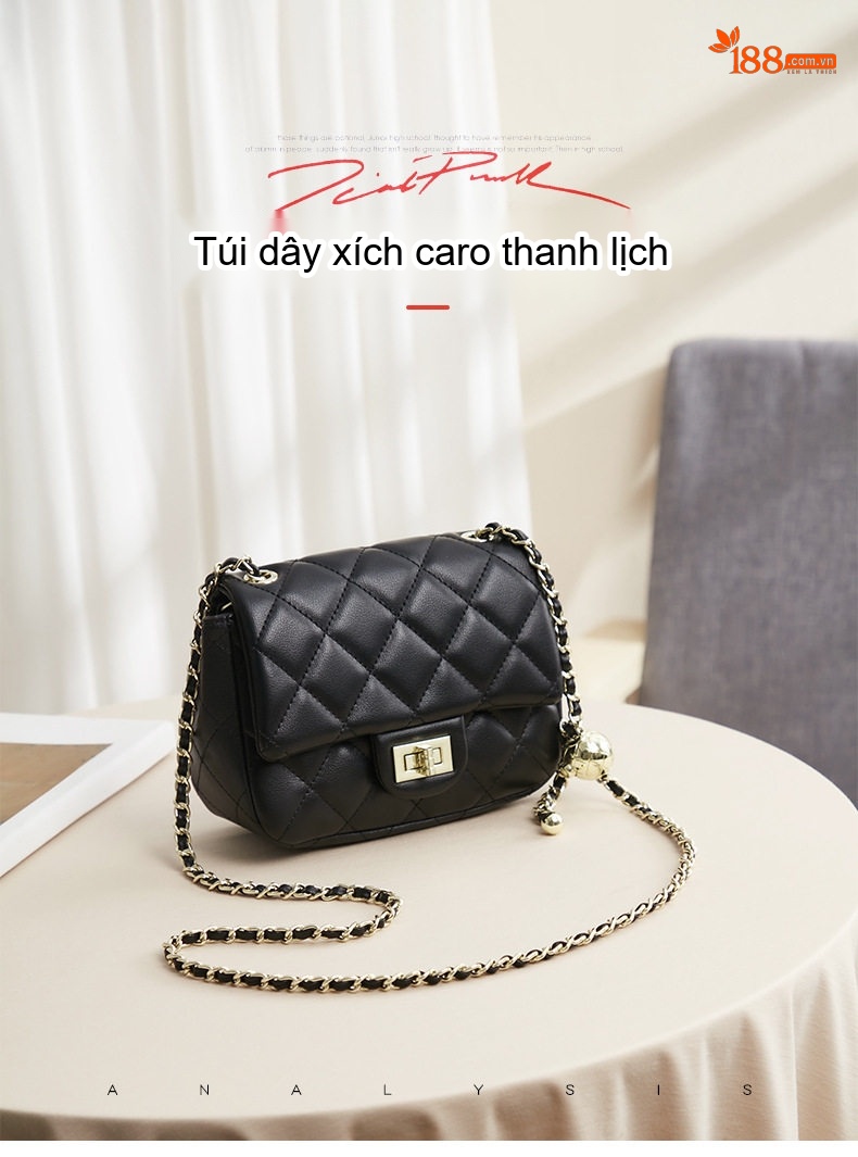 Túi Đeo Vai Nữ Da Bò Mini Dây Xích Quả Cầu Vàng Phong Cách Đường Phố Màu Đen chi tiết 1