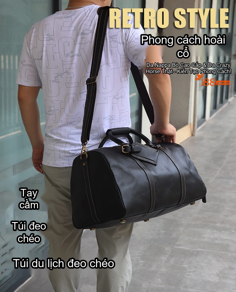 Túi Du Lịch Nam Da Bò Đầu Lớp Dáng Trống Đeo Chéo Vai Xách Tay Thủ Công Vintage Màu Nâu, Đen chi tiết 1