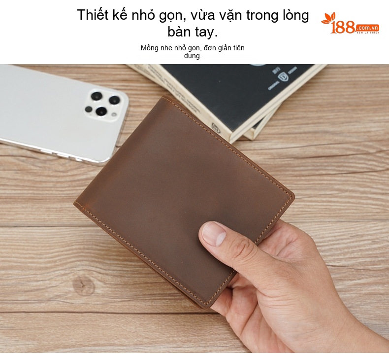 Ví Ngắn Nam Da Bò Sáp (Mad Horse) RFID Chống Quét Thẻ Khắc Laser Logo Màu Nâu, Đen chi tiết 5