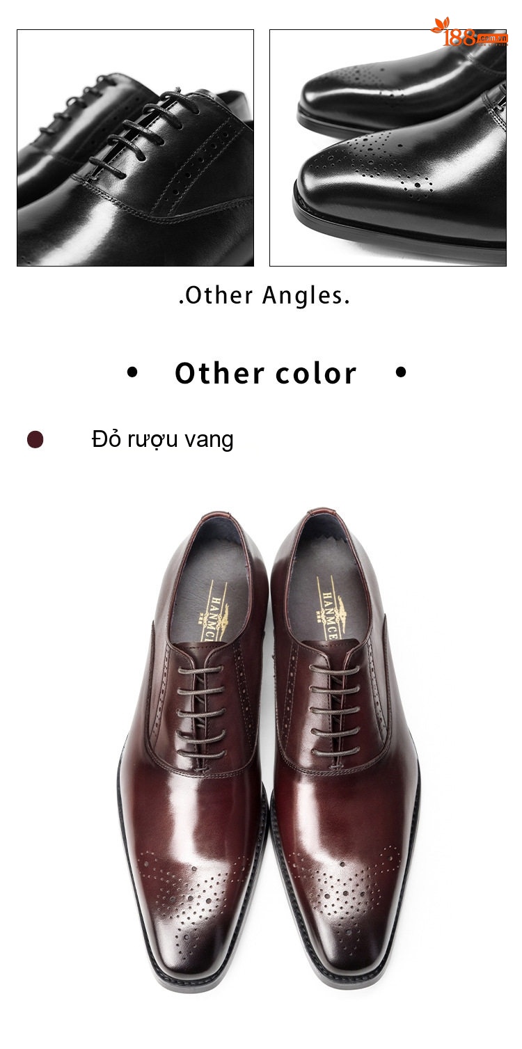 Giày Tây Buộc Dây Nam Da Bò Mũi Nhọn Brogue Chiều Cao Đế Khoảng 3cm Màu Đen, Đỏ Rượu chi tiết 9
