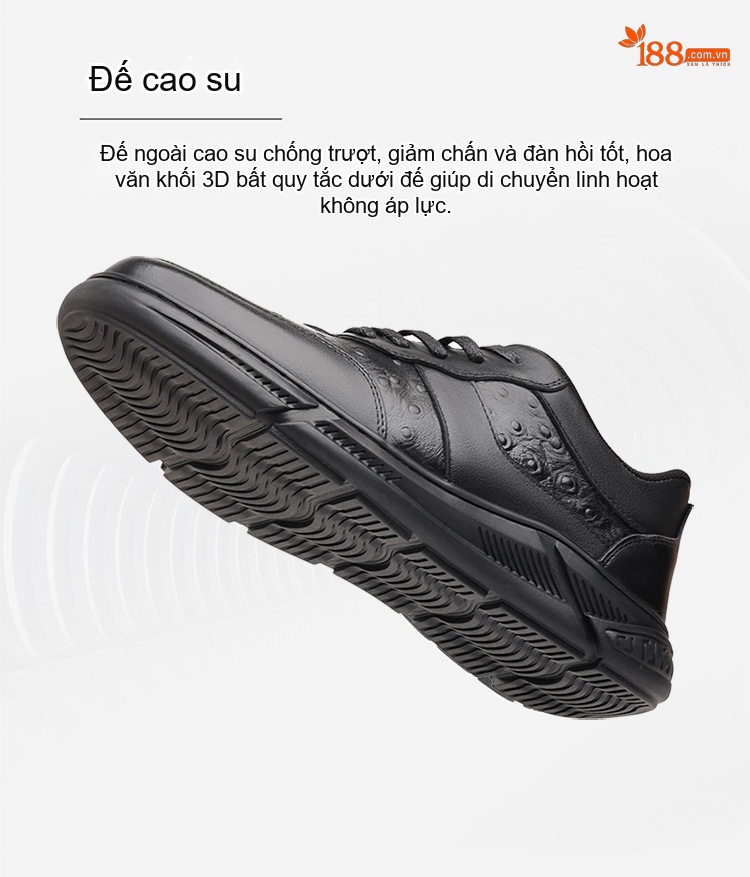 Giày Thể Thao Da Bò Nam Vân Đà Điểu Chiều Cao Đế Khoảng 3cm Màu Đen chi tiết 6