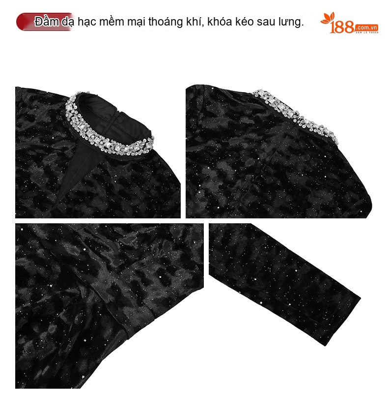 Đầm Nhung Nữ Dài Tay Cổ Tròn Đính Đá Eo Thun Tôn Dáng Màu Đen chi tiết 4