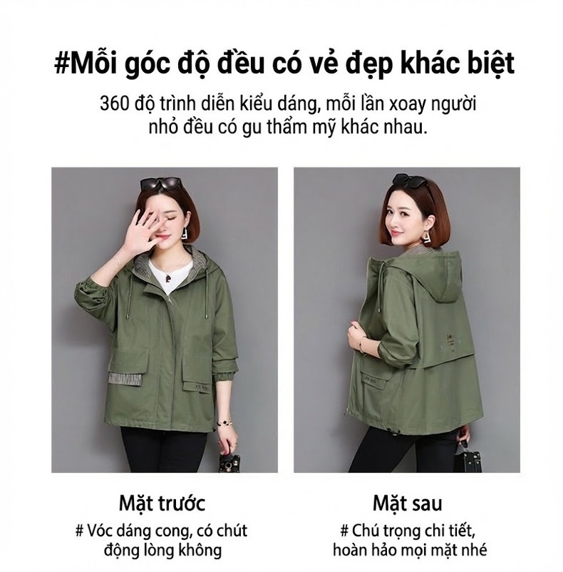 Áo Khoác Gió Nữ Dáng Lỡ Có Mũ Trùm Đầu Phong Cách Xuân Màu Be, Đỏ Gạch, Xanh Olive chi tiết 4