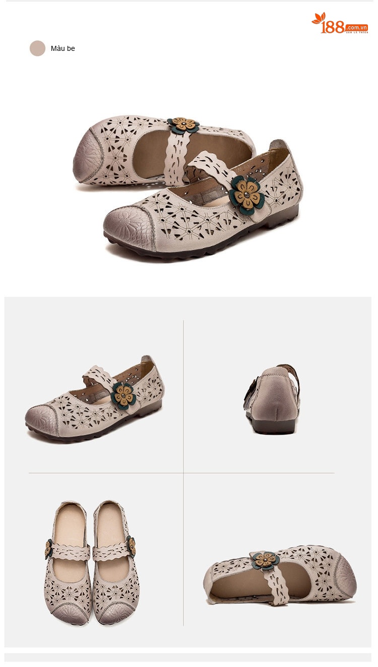 Dép Sandal Nữ Da Bò Lười Xỏ Ngón Lưới Thoáng Khí Đế Cao 3cm - 4cm Màu Nâu, Kem chi tiết 18