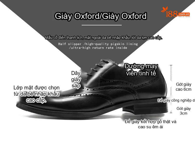 Giày Tây Buộc Dây Nam Da Bò Oxford Brogue Chiều Cao Đế Khoảng 3cm Màu Đen, Đỏ Rượu chi tiết 2
