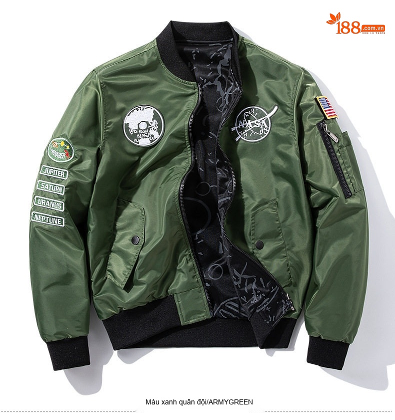 Áo Khoác Bomber Nam Nữ Dáng Rộng Hai Mặt Mặc Thu Đông Phong Cách Phi Công NASA Màu Xám, Xanh Navy, Xanh Lá, Đen... chi tiết 20