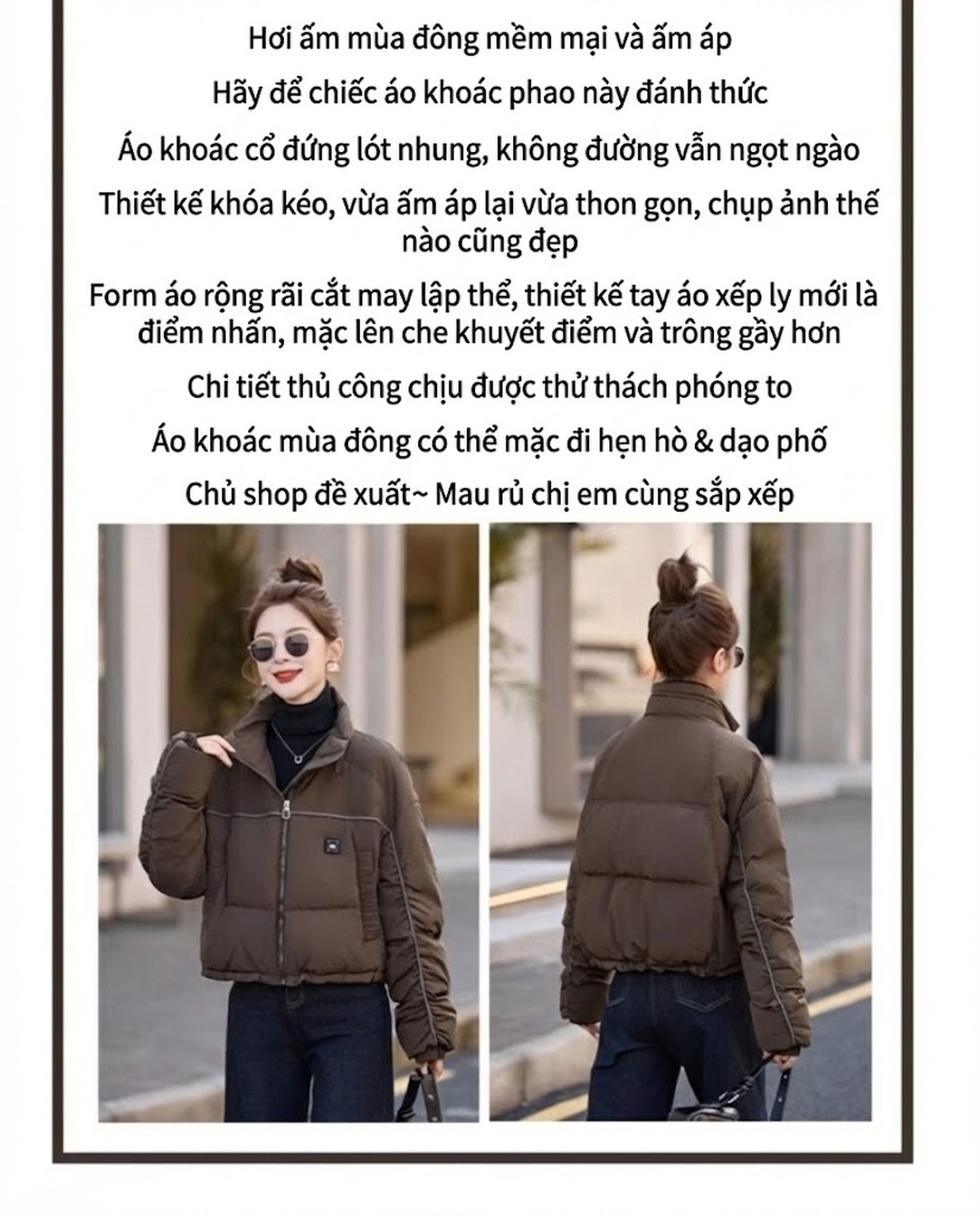Áo Khoác Phao Nữ Ngắn Thiết Kế Dáng Bomber Ấm Áp Màu Trắng, Đen, Nâu, Tím chi tiết 6