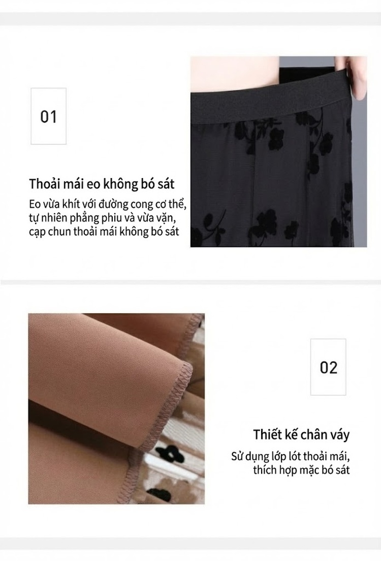Chân Váy Voan Xếp Ly Nữ Lưng Cao dáng chữ A In Họa Tiết Hoa Lá Phong Cách Hàn Quốc Màu Đen, Trắng, Be chi tiết 8
