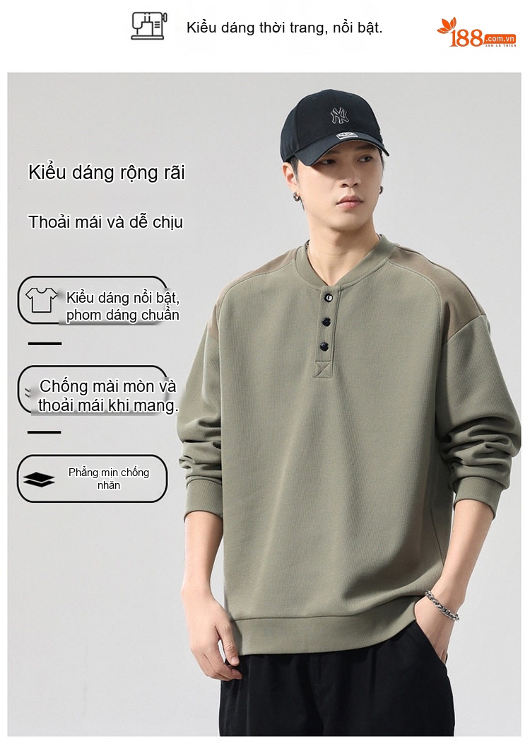 Áo Sweatshirt Tay Dài Cổ Henley Phong Cách Retro Mỹ Form Rộng Màu Đen, Xanh Olive, Đỏ Tía chi tiết 2