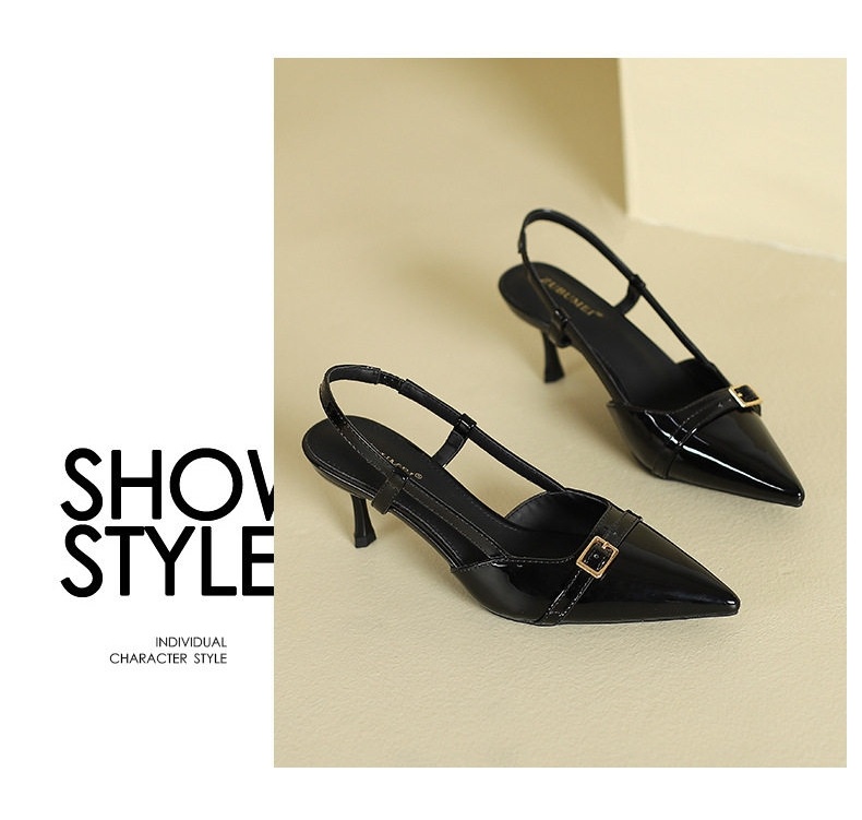 Giày Sandal Cao Gót Nữ Hở Gót Mũi Nhọn Da Bóng Gót Cao 7cm - 8cm Màu Đen, Trắng chi tiết 8