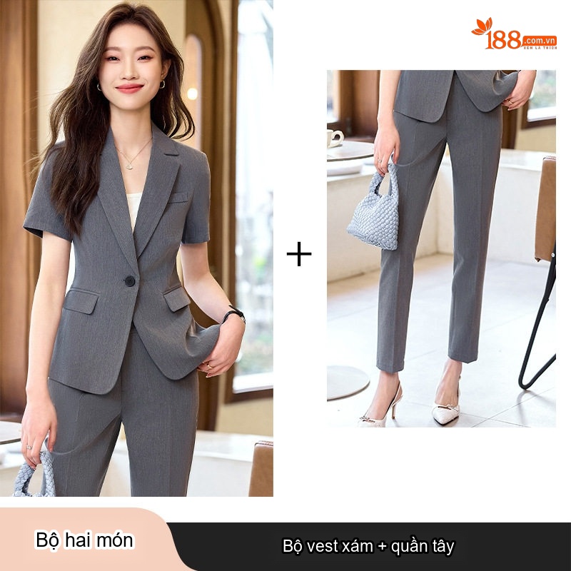 Bộ Vest Công Sở Nữ Tay Ngắn Quần/Chân Váy Màu Xám, Đen