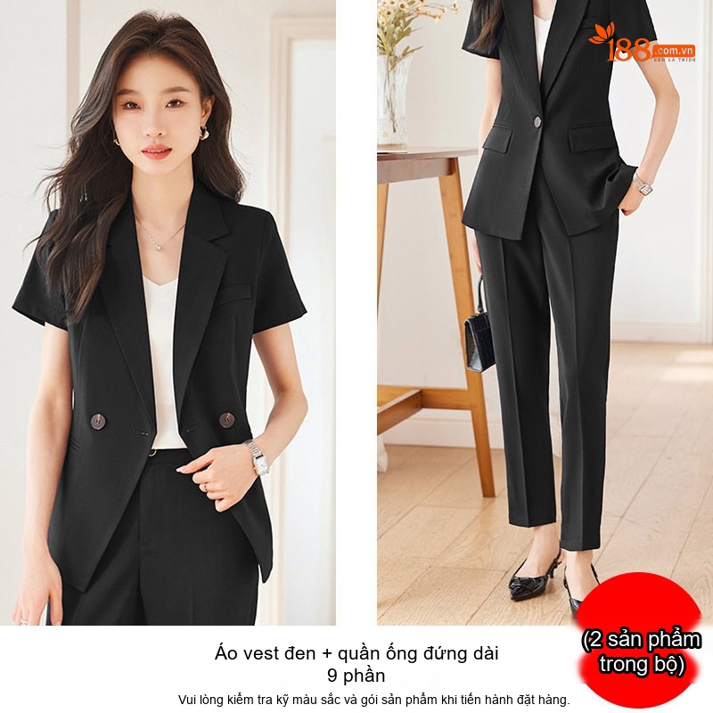 Áo Vest Nữ Tay Ngắn Mỏng Mát Phong Cách Công Sở Màu Kem, Đen, Xám, Xanh Navy...