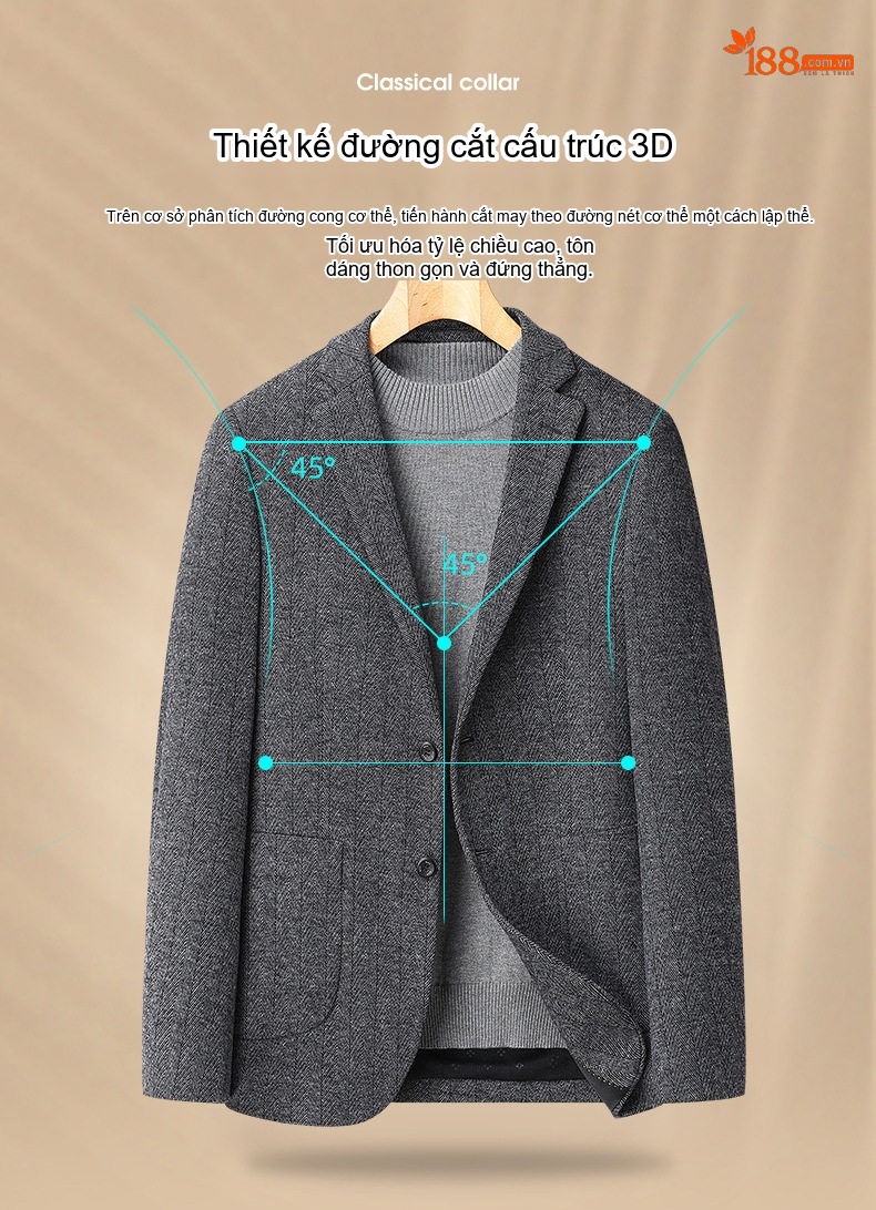 Áo Vest Nam Wool Lông Cừu Họa Tiết Xương Cá Dáng Ôm Chống Nhăn Màu Xám chi tiết 4