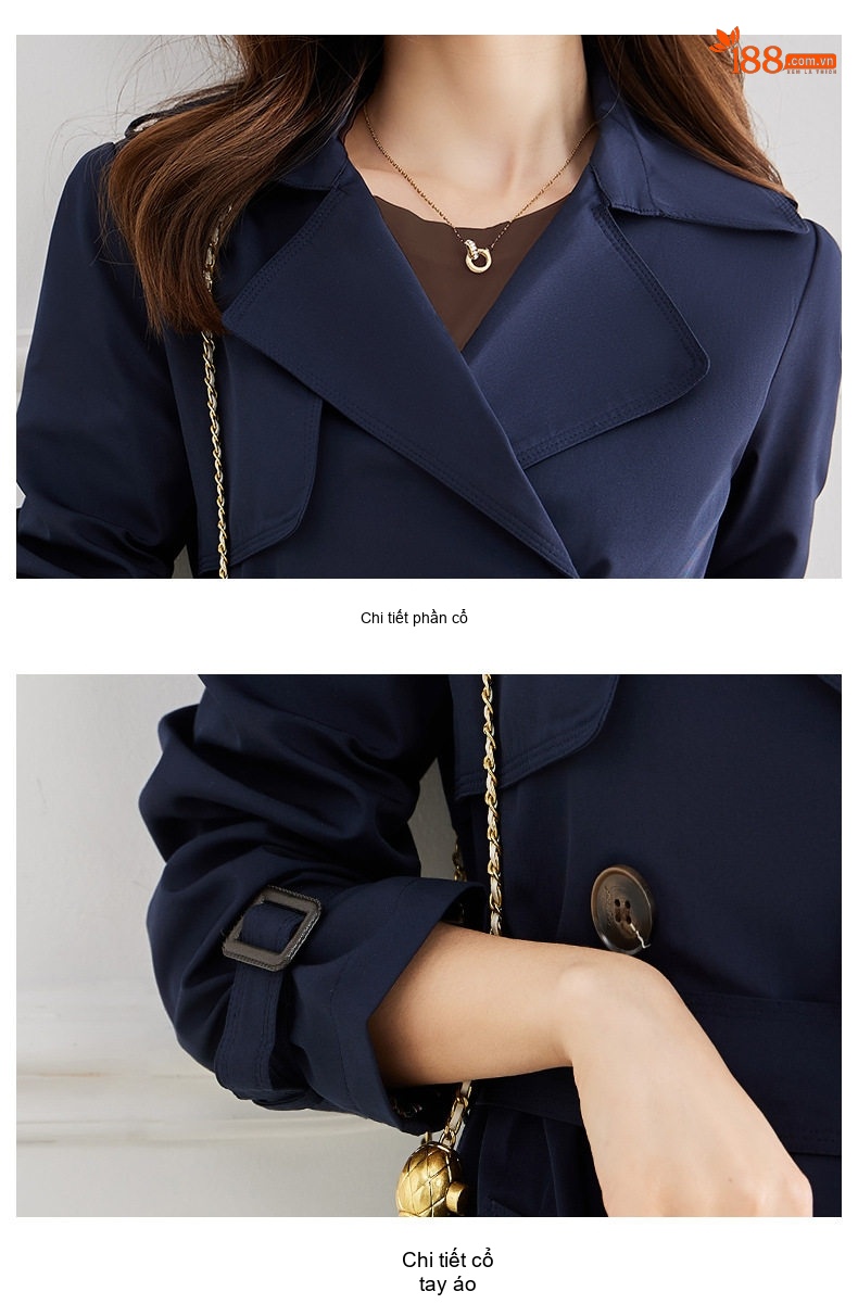Áo Khoác Trench Coat Nữ Dáng Dài Thiết Kế Thời Trang Phong Cách Anh Màu Xanh Navy chi tiết 16