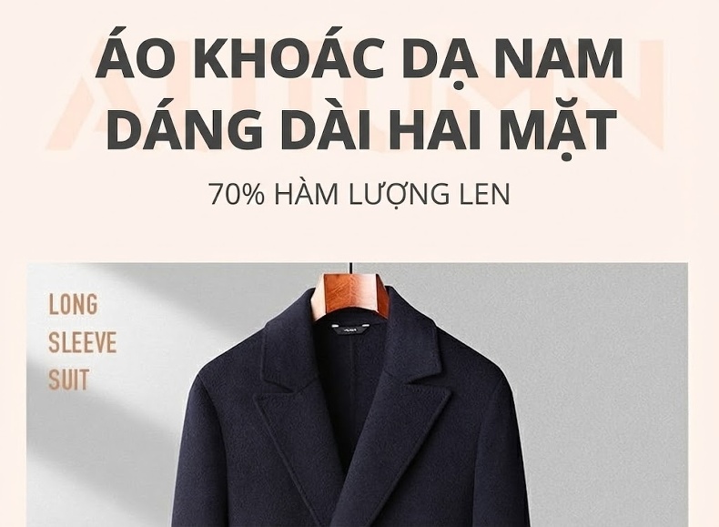 Áo Khoác Dạ Len Lông Cừu Nam Dáng Dài Double Breasted Màu Đen, Xám chi tiết 1