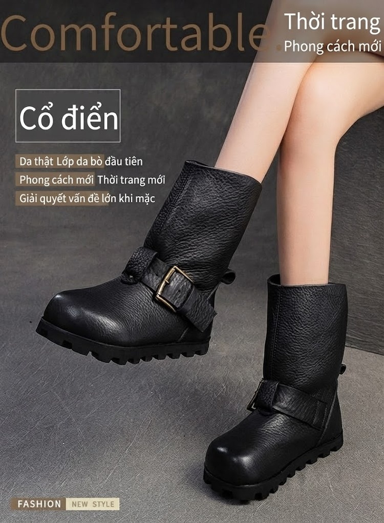 Boot Nữ Cổ Lửng Da Bò Công Sở Khóa Cài Chiều Cao Đế Khoảng 3cm Màu Nâu, Đen chi tiết 1