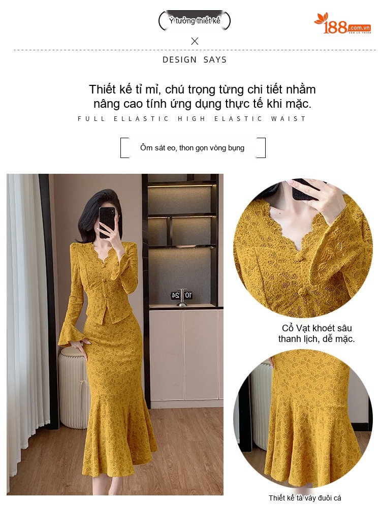 Set Áo Khoác và Chân Váy Dáng Dài Nữ Phong Cách Tiểu Thư Thanh Lịch Màu Vàng, Trắng chi tiết 3