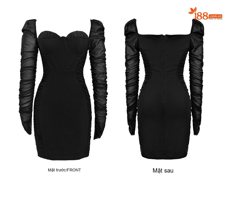 Váy Ôm Body Nữ Cổ chữ Vuông Tay Lưới Nhún Eo Phong Cách Pháp Màu Đen, Be chi tiết 5