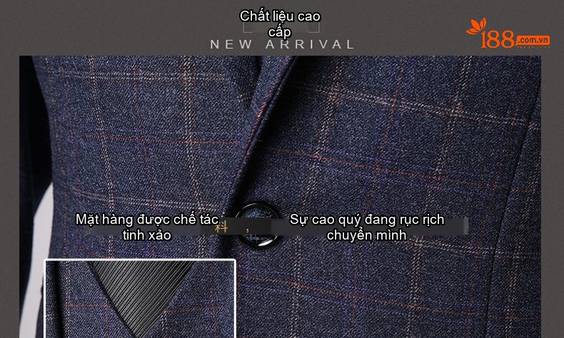 Bộ Vest Nam Kẻ Caro 3 Món Phong Cách Doanh Nhân Trẻ Trung Màu Xám, Xanh Dương chi tiết 3