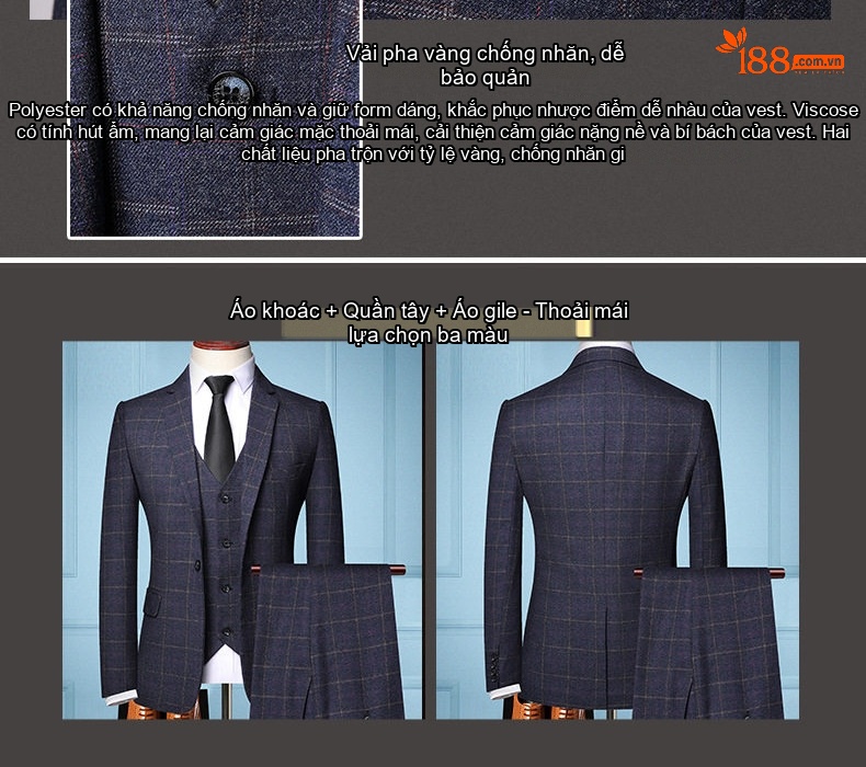 Bộ Vest Nam Kẻ Caro 3 Món Phong Cách Doanh Nhân Trẻ Trung Màu Xám, Xanh Dương chi tiết 4
