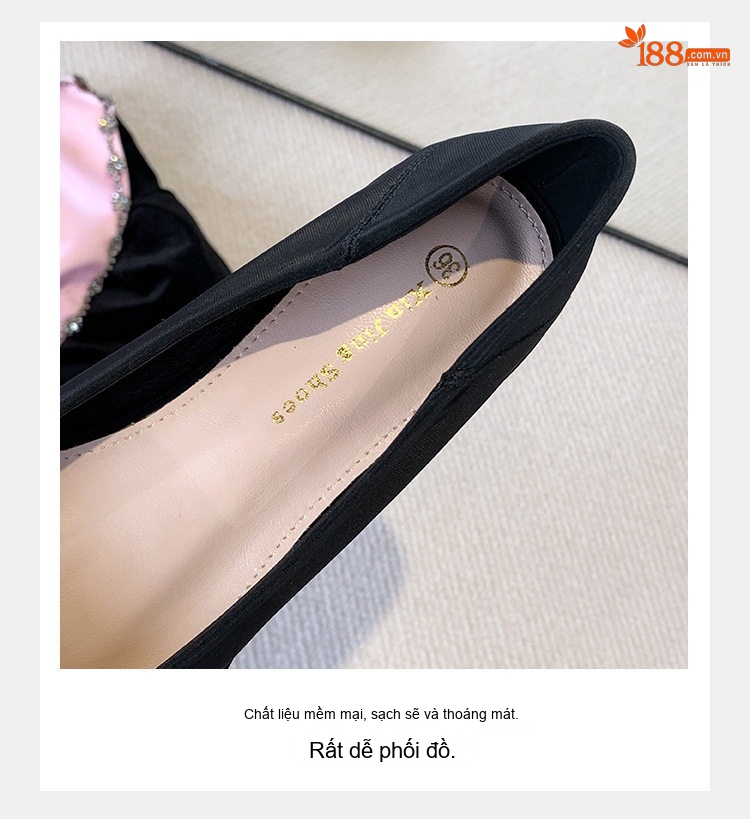 Giày Búp Bê Nữ Đính Đá Chiều Cao Đế Khoảng 2cm Màu Đen, Trắng chi tiết 4