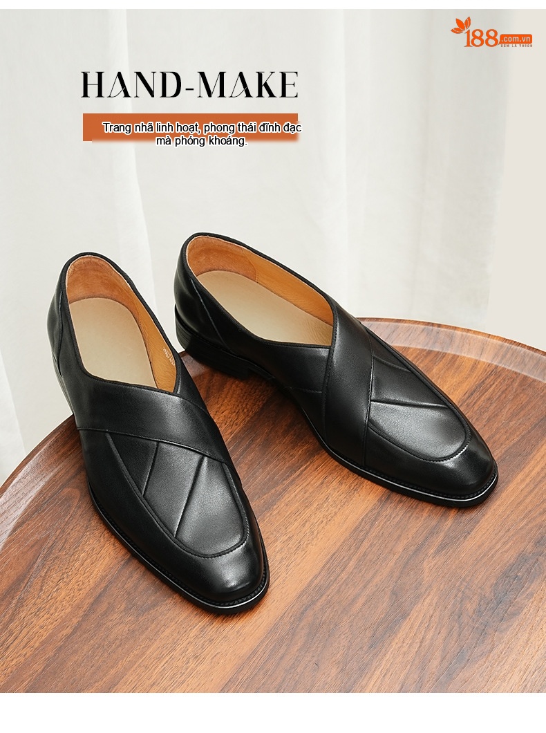 Giày Lười Mũi Nhọn Nam Da Bò Phong Cách Retro Chiều Cao Đế Khoảng 3cm Màu Đen, Xám chi tiết 5